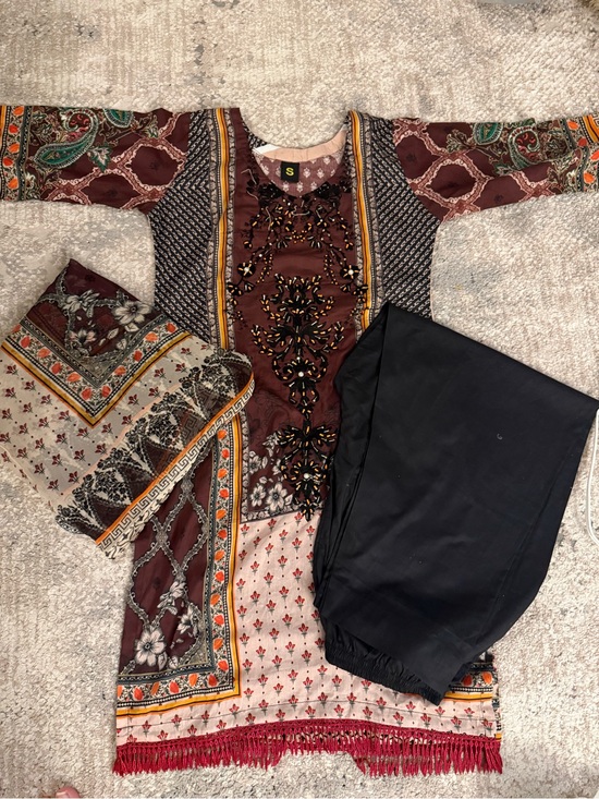 Dresses & Skirts - Embroidered Brown Printed Salwar Kameez Set